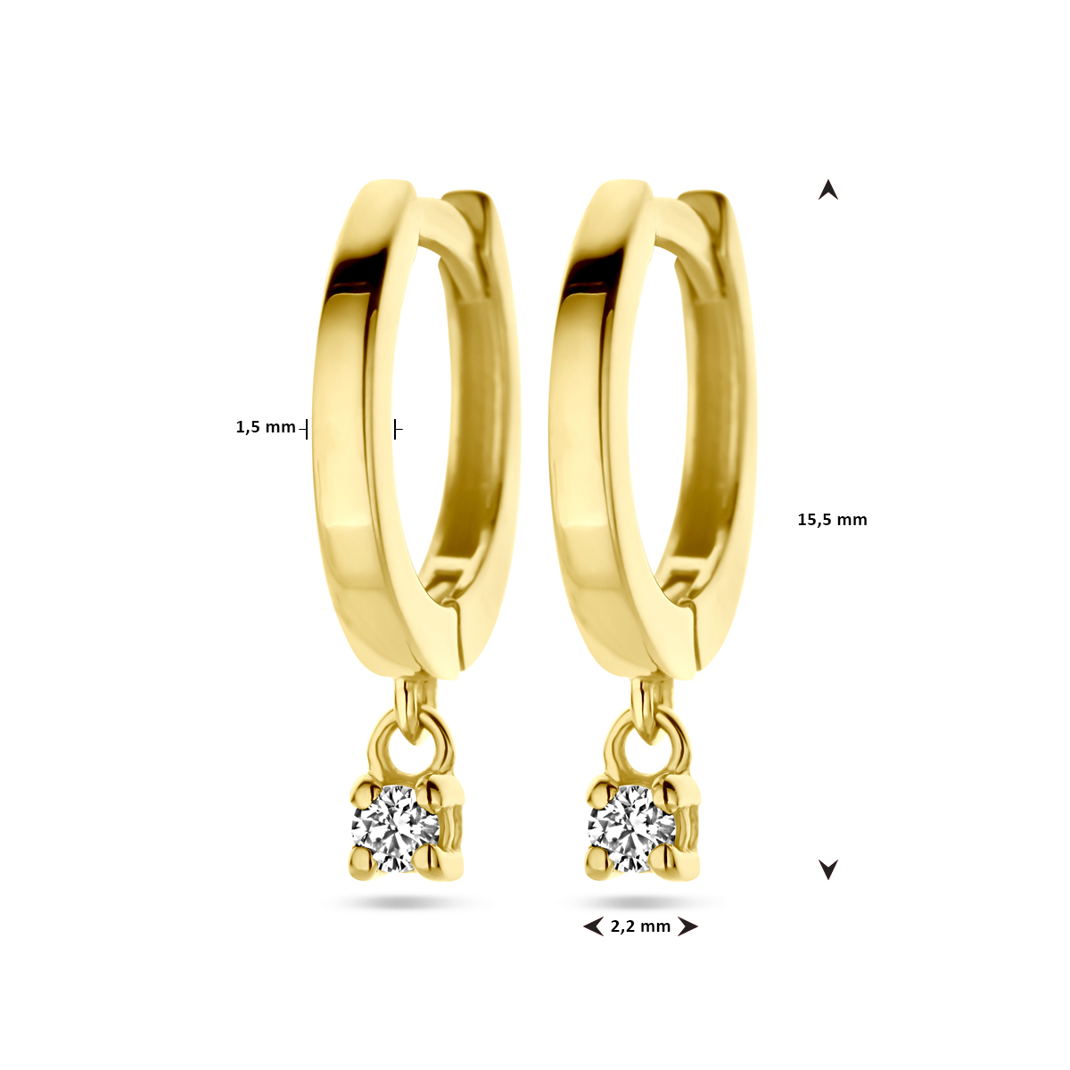 klapoorring diamant 0.06ct (2x 0.03ct) h si 16 mm 14K geelgoud - Afbeelding 4