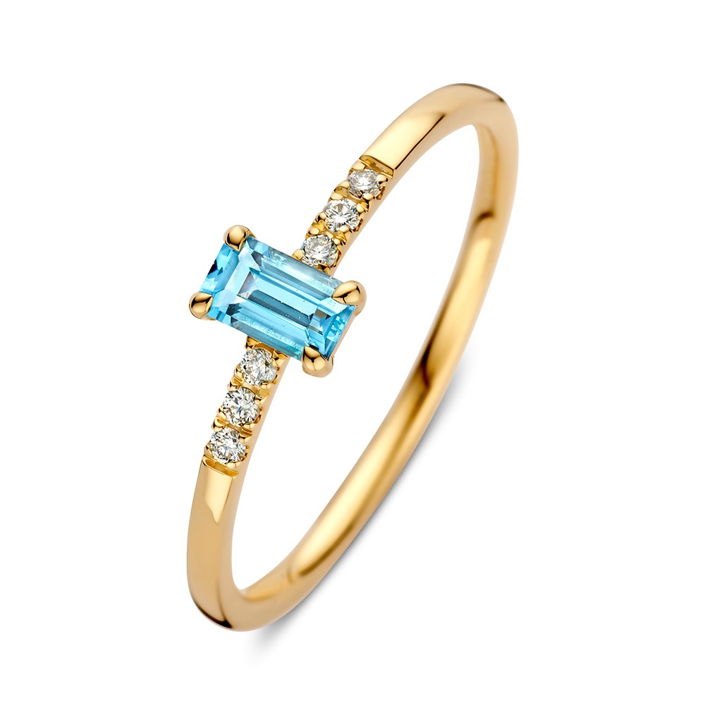 14 karaat geelgouden ring met blauwe topaas en diamant - Afbeelding 2