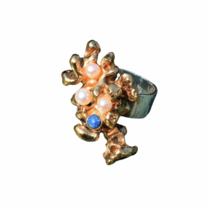 Vergulde koraal ring met denim lapis lazuli en parels